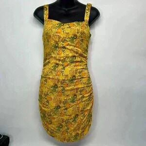 UO Claira Mini Tank Dress Women's Size Small Yellow Floral Ruched Bodycon